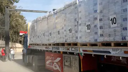 مرور 281 شاحنة مساعدات من مصر إلى غزة مرور 281 شاحنة مساعدات من مصر إلى غزة